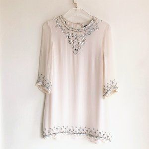 French Connection Silk Chiffon Ivory Sequined Silver Shift 3/4 Long Sleeve Dress